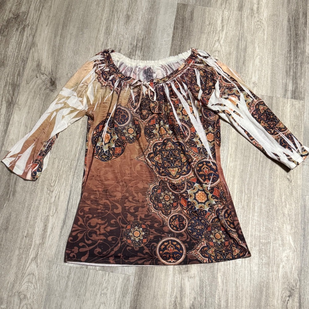 Raindrops Color in XL‎ Brown Multicolor Medallion Print 3/4 Sleeve Top